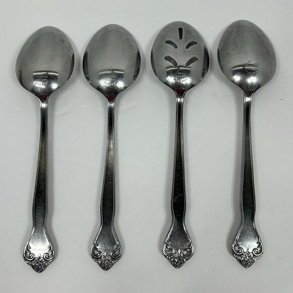 Versailles Stainless Serving Spoons Slotted MCM 8" MSI Flatware Japan Floral - Picture 8 of 13